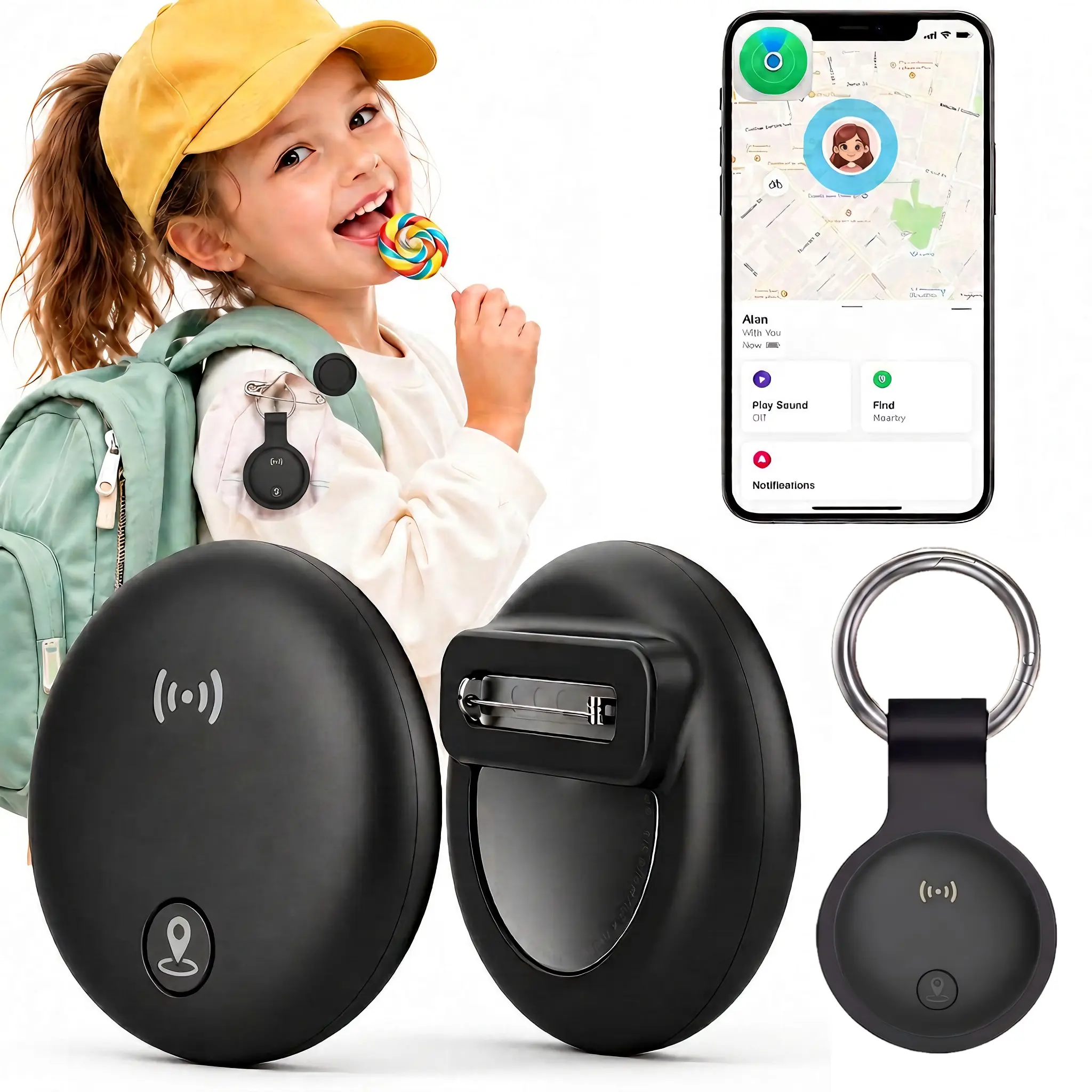 Children's GPS Tracker - Compatible with iOS “Find My” feature, no monthly fee/no SIM card required, safety pin that requires no drilling, anti-loss device, IPX6 waterproof and dustproof, suitable for children, seniors, clothing, and backpacks
