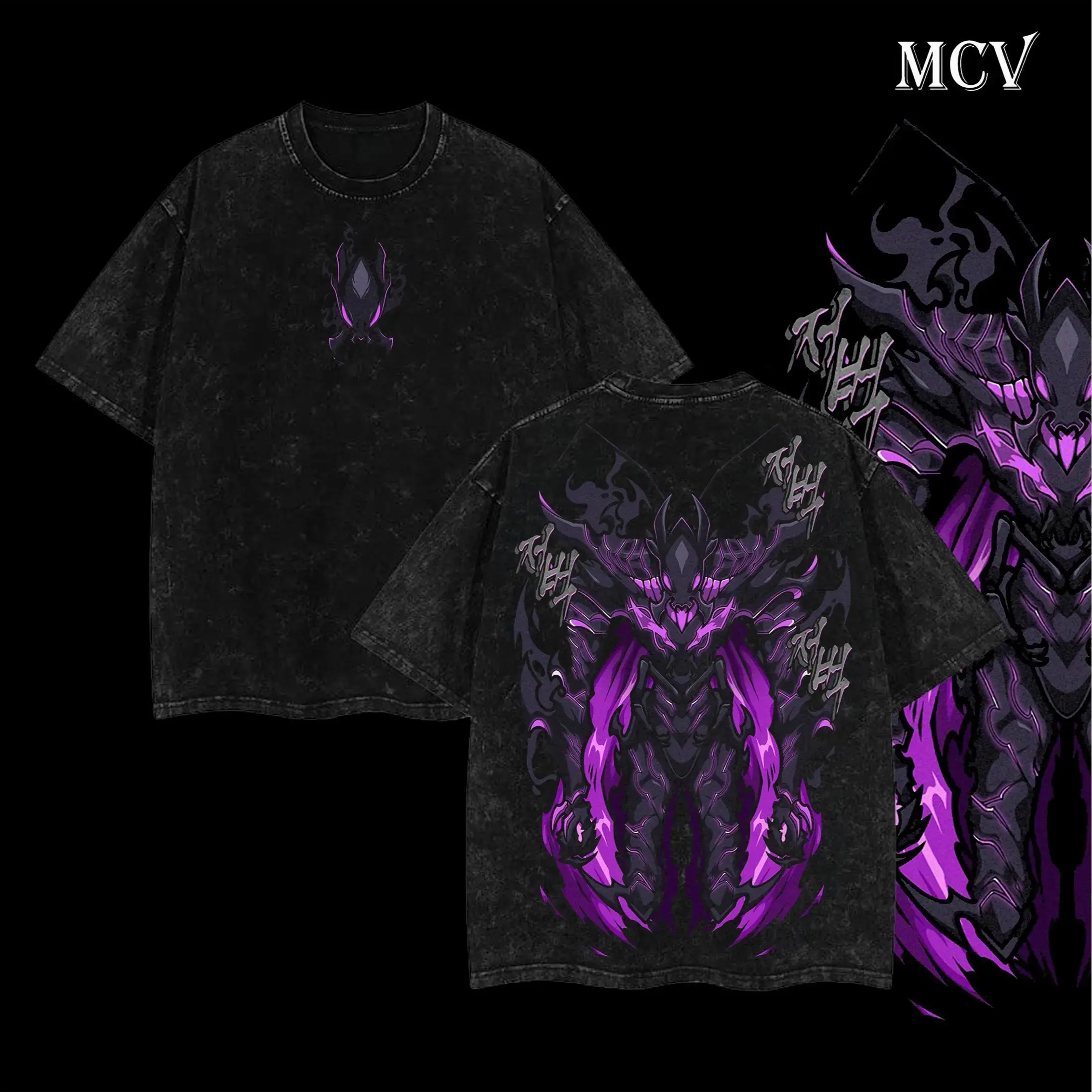 Menswear Streetwear Solo Leveling Shadow Soldiers BERU IGRIS IRON TUSK Double-Printed Vintage Washed Shortsleeve Round Neck Unisex Oversize Heavyweight Cotton Apparel T-Shirt, Classic, Oversized, Seamless, Breathable, Fabric
