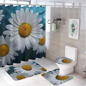 Daisy flower pattern design, 4-piece shower curtain set, modern floral bathroom decoration, with carpet (bath mat, U-shaped, toilet lid) and 12 durable hooks, non slip floor mat, waterproof forest shower curtain, polyester fiber