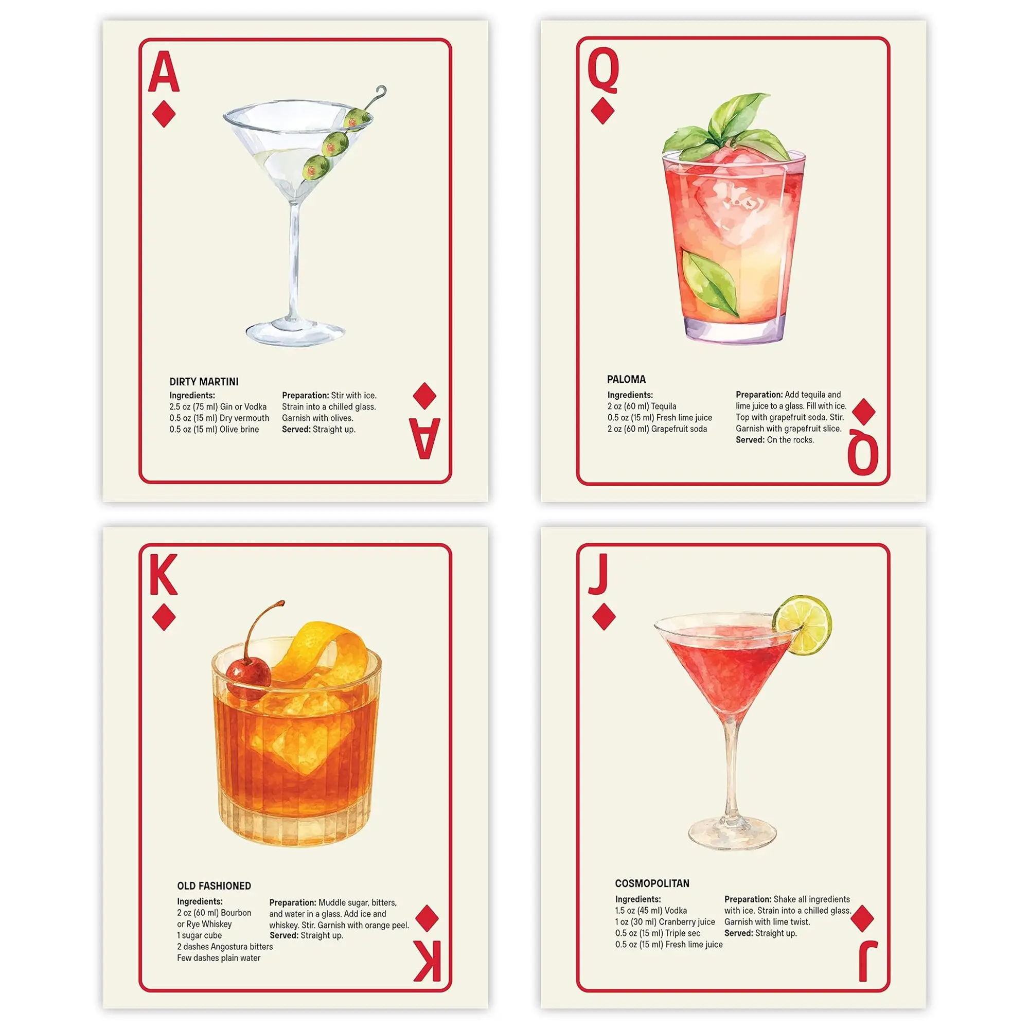 Cocktail Playing Card Poster Set (4 Prints, 8.5×11 Unframed) – Shuffle Club