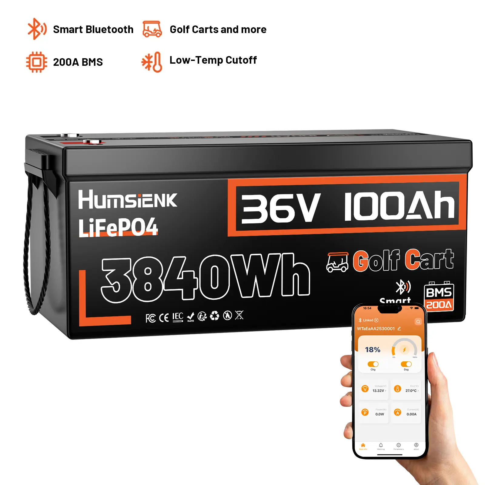 【3.8kWh Battery】Humsienk 36V 100Ah 3.84kWh LiFePO4 Golf Cart Battery with Bluetooth & 15000 Cycles