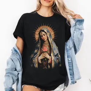 Vintage Virgin Mary T-Shirt: Sacred Art Style Catholic Gildan Tee, Mary Holding Rose Religious Gift for Mom
