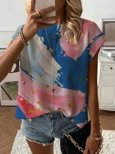 Summer Round Neck Short Sleeve Knit Top, Loose Fit Star Print Bikini Cover-Up, Casual Elegant Commuter Wear, Women's Fashion, Womenswear