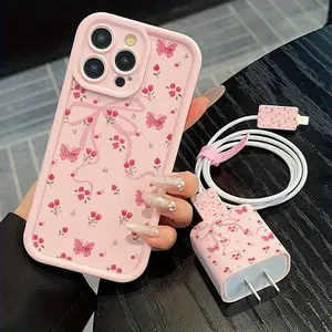 5-Piece Set High Bamboo Powder Butterfly Floral Design Phone Case, Charging Head Cover, Data Line Protector, Storage Rope, Fits iPhone 15/16 Series