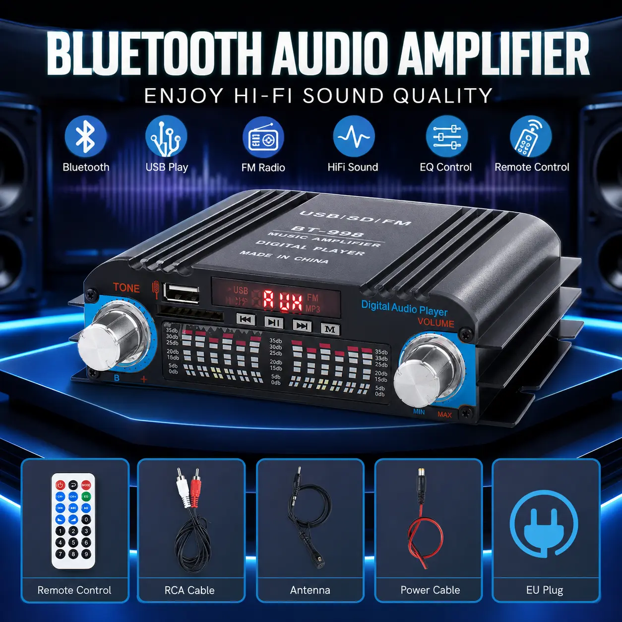 Bluetooth 5.0 digital audio amplifier, stereo car/home amplifier, with equalizer, remote control, USB/SD card/FM radio/AUX input, portable speaker power amplifier.