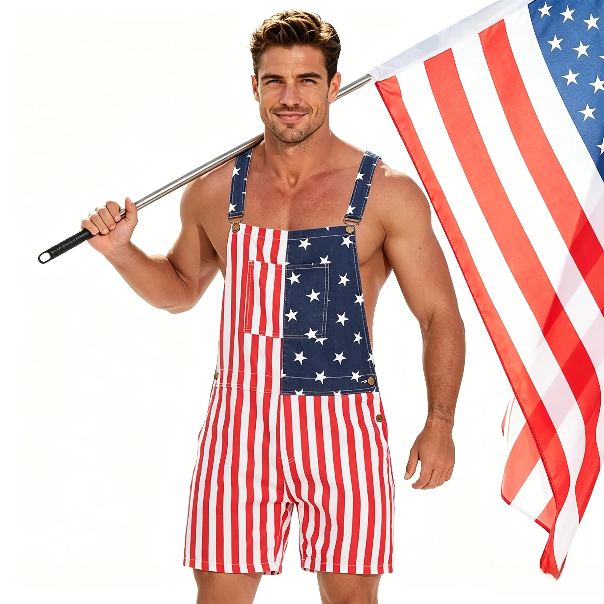 Men's Patriotic 250th Anniversary Festive Stars-and-Stripes Overalls Shorts - USA 4th of July Party Wear Clothes, Work Bib Coveralls, Romper Jumpsuit Gifts for Men, Stars & Stripes