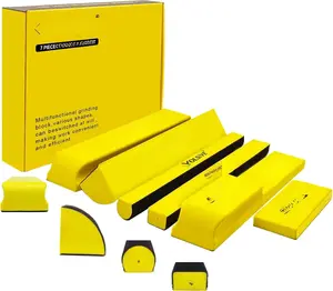 7 count Hand Sanding Block Set, Rectangle Handheld Sanding Pad, Hook and Loop Interchangeable Assorted Shapes, for Sanding or Polishing in Auto  and  Shops - Yellow