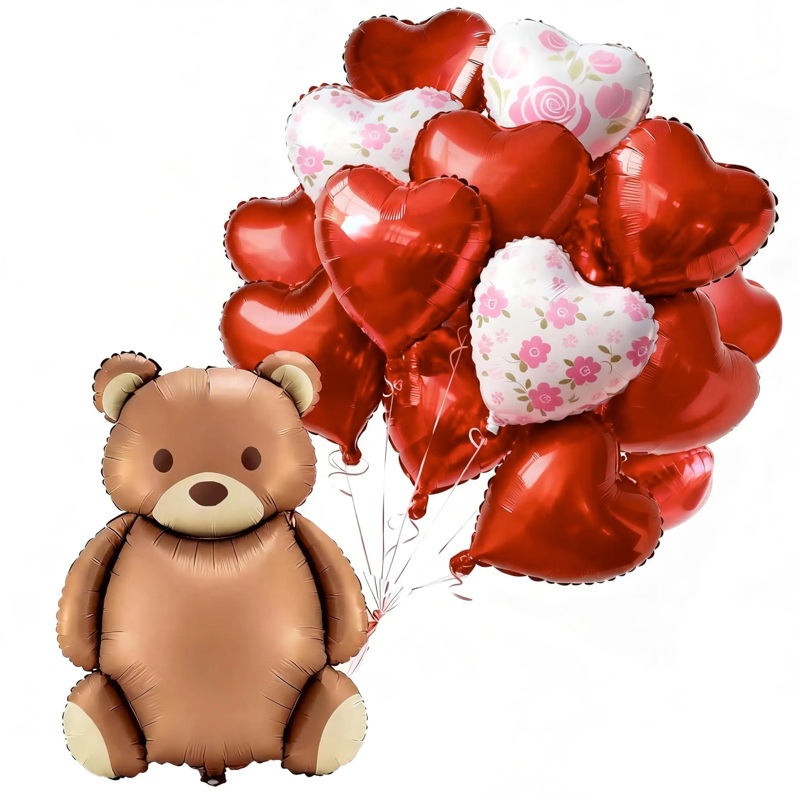 PartyWoo 15-Piece Valentine's Foil Balloons - 24in & 18in Custom Bears, Red Heart Focal Pt Heart Shapes, Love Balloon Decor for Romantic Valentine's Day, Wedding Anniversary Parties