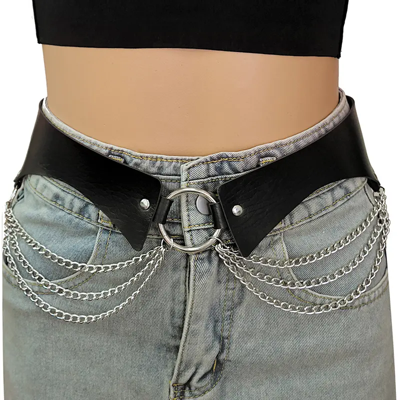 Punk Style Multi Layer Metal Waist Chain, Curved O-Ring Layered Belt Chain, Edgy Circular Ring Pants Strap Sexy Statement Belt Accessory for Dress Casual Streetwear Outfits