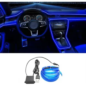 Electronic Filament Car Interior LED Strip Light, 16.5 Feet USB Neon Light Strobe Electronic Strip Light with 6mm Sewing Edge Car Interior Decorative Atmosphere Light Kit (Blue)
