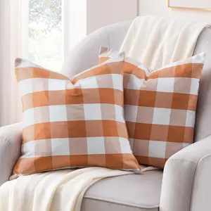 Fall Pillow Covers 18x18 Inches Farmhouse Buffalo Check Plaid Halloween Throw Pillow Covers Orange and White Decorative Square Cushion Pillowcase for Sofa Home Decor, Set of 2