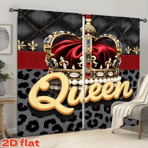 2D Flat 2Pcs Queen Crown Pattern Window Curtains, Red & Gold Luxury Design, Leopard Print Background, Pole Pocket Style, Semi Sunshade, Suitable for Living Room, Bedroom, Dining, Home Decor, Window Decorations Supplies