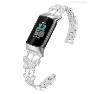 Metal Diamond Strap for Fitbit Charge 6/Charge 5 Compatible Butterfly Bracelet, Elegant Stainless Steel Strap, Waterproof Strap, Suitable for Fitbit Charge 5 Strap Diamond Butterfly Strap 1 piece