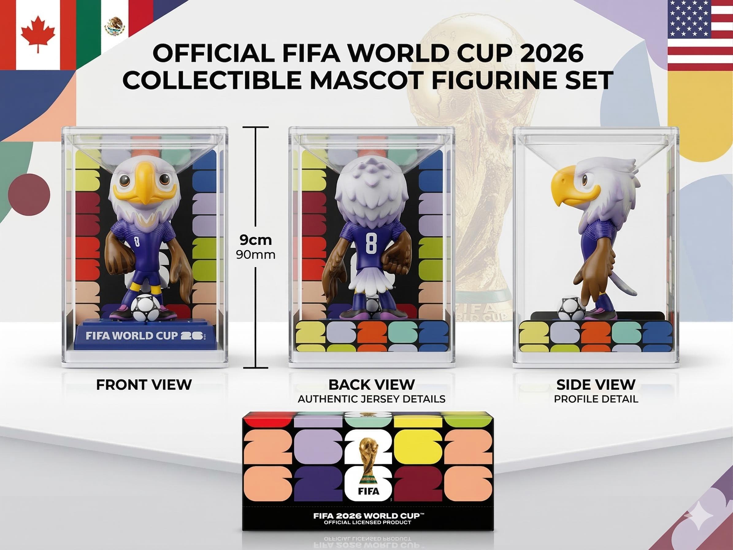 FIFA 2026 World Cup Mascot Figurine Set - Limited Edition Collectible Figurines Featuring Eagle Clutch, Moose Maple, and Jaguar Zavu - High-Clarity Display Case & Exclusive "26" Pitch Base