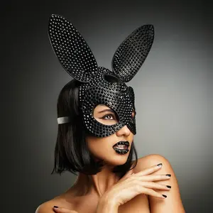 DNS Wear BLACK Midnight Disco Bunny Mask Handmade Crystal Rhinestone Leather Accessory Adjustable Strap for Women's Glamour