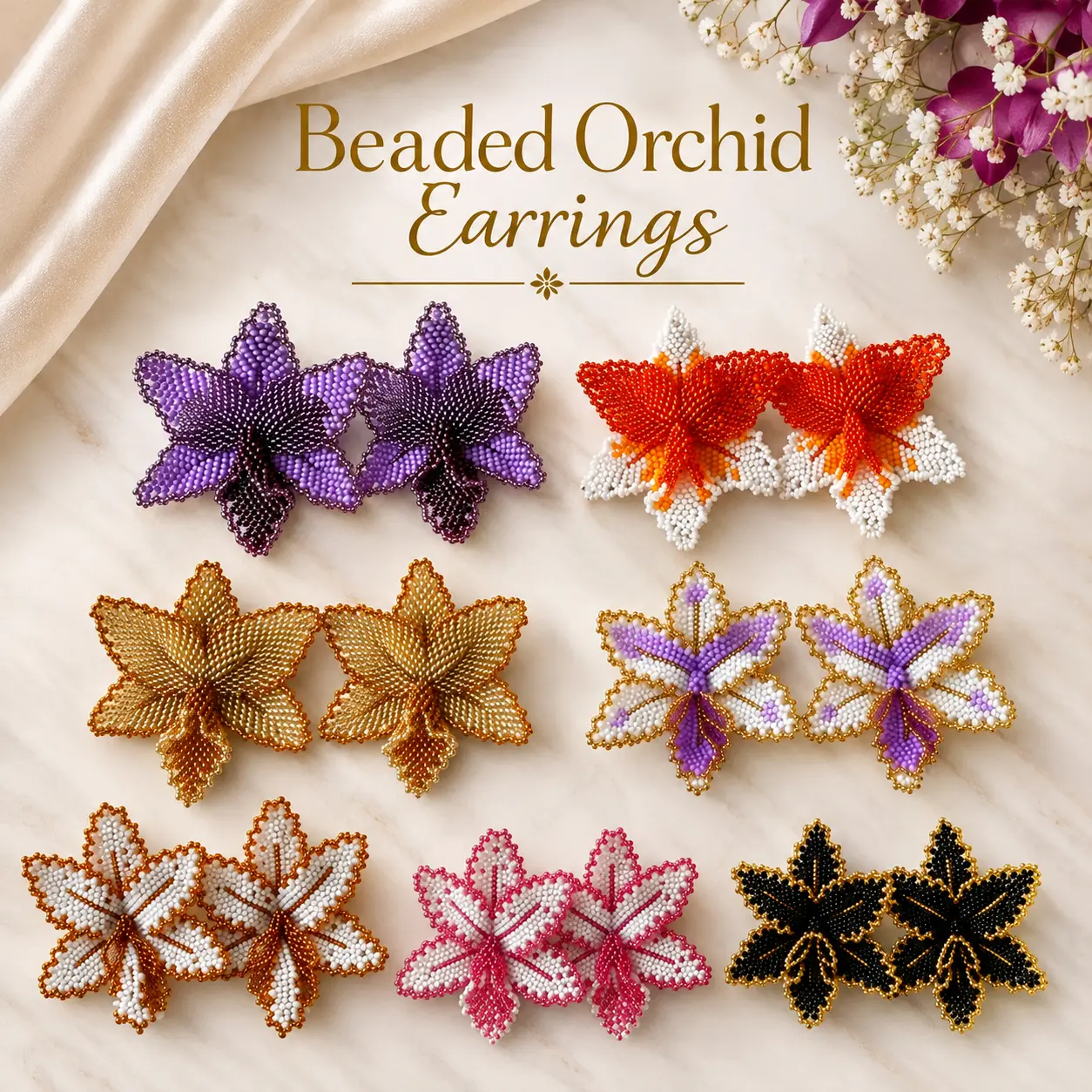 Handmade Orchid mostacilla Earrings – Gold Rhodium Plate