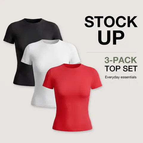 PUMIEY Women's 3-Pack Crew Neck T-Shirt, Minimalist Short Sleeve Round Neck Double Layer Basic Top for Lady, Shortsleeve, Casual,back to school,back to school shopping, Comfortable