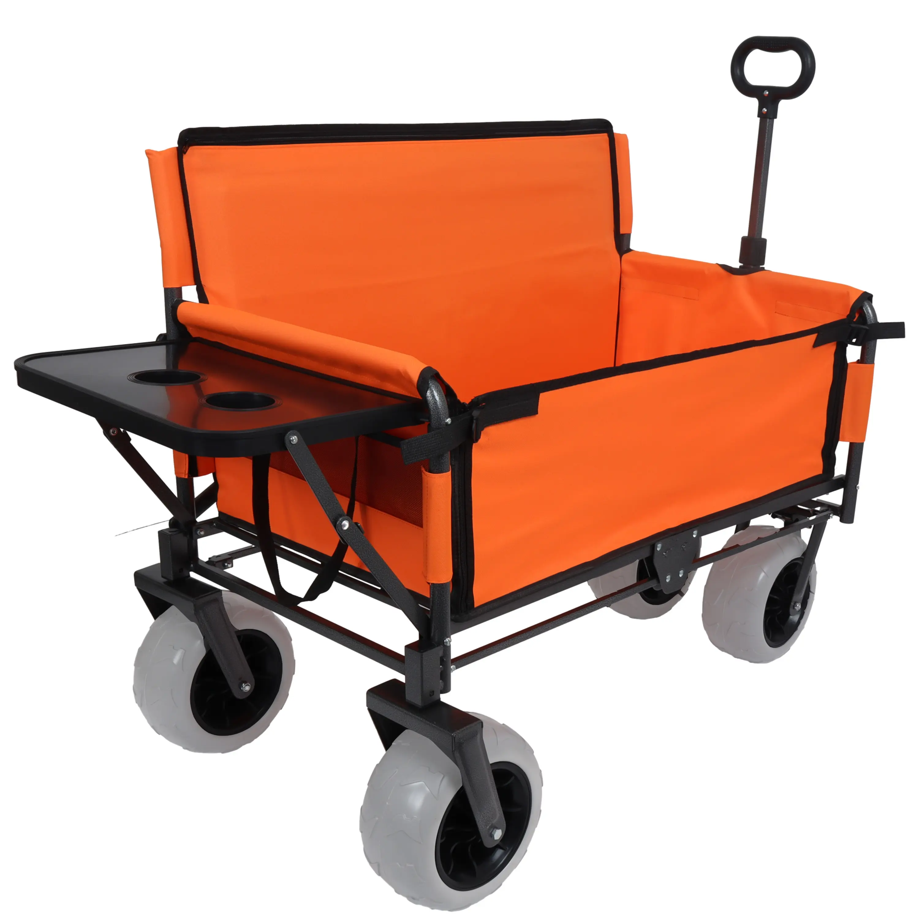 3-in-1 Folding Wagon with Bench Seat & Rear-Mounted Folding Tabletop, 500lbs Capacity, 9x4 Beach Tires for Camping, Beach, Tailgate, Outdoor Activities, Orange Heavy Duty Utility Cart, Living Room Table for Sofa Side, Bedroom, Office