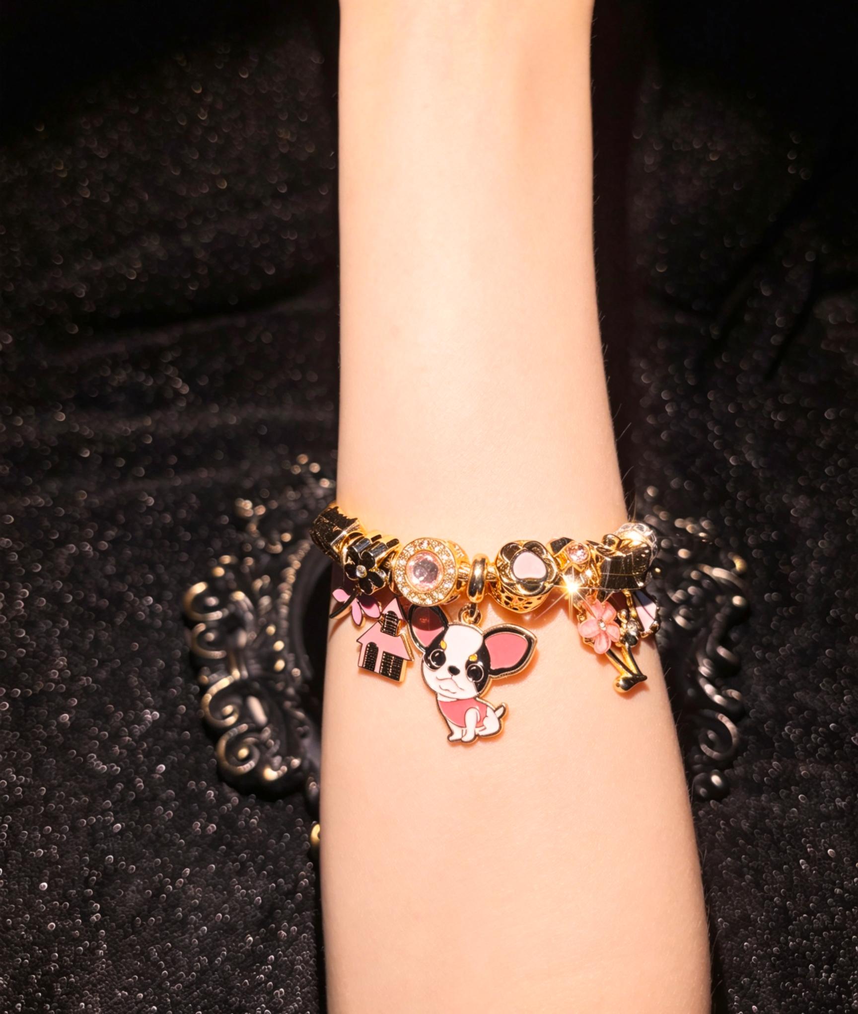 Cute Chihuahua Themed Open Cuff Bangle - Multi-Charm, House & Flower Accented, Skirt Beaded, Stackable Fashion Jewelry Gift for Pet Lovers