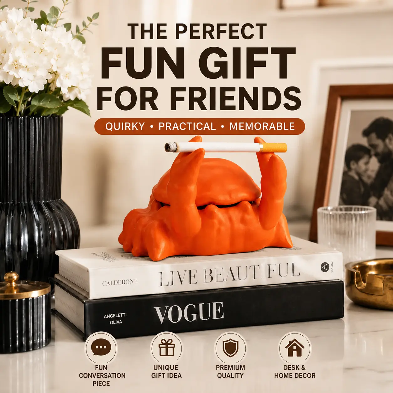 Resin Crab Windproof Ashtray with Lid, Multifunctional Decorative Tabletop Tray for Indoor-Patio Use, Unique Coastal Home Decor Gift for Dad, Grandpa Birthday (Home Supplies Statue Figurine)
