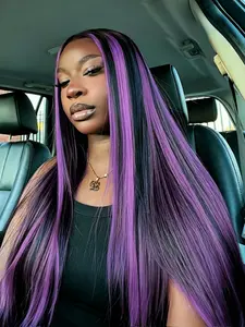 Black Purple Highlight 13x4 Lace Front Wig Free Part Straight Wig Pre Plucked Natural Hairline Heat-Resistant Synthetic Wig Concert Look Straight Wig Music Festival Look Lace Frontal Wigs for Women Daily Wear 28 Inches
