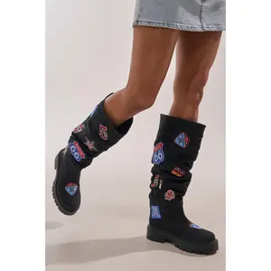 AKIRA GOLD POSTAL BLACK PATCHWORK FLAT BOOT