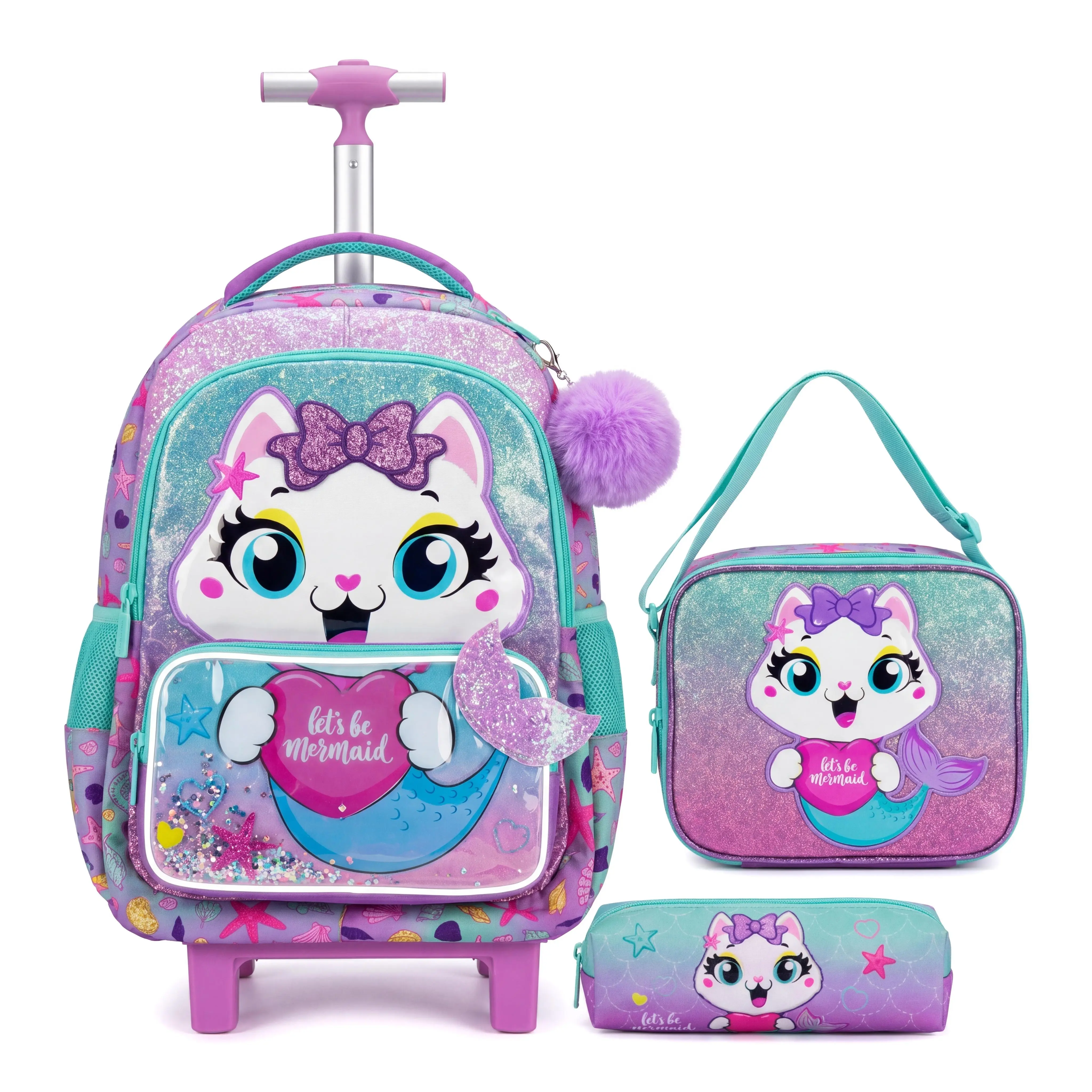 Girls' Rolling Backpack Set, 3-Piece Glitter Mermaid Cat Luggage with Shaker Lunch Bag & Pencil Case for First Day of School, Back to School Haul, Childrens Bag, Backpacks For Girls, Polyester Fabric, Kawaii Backpack
