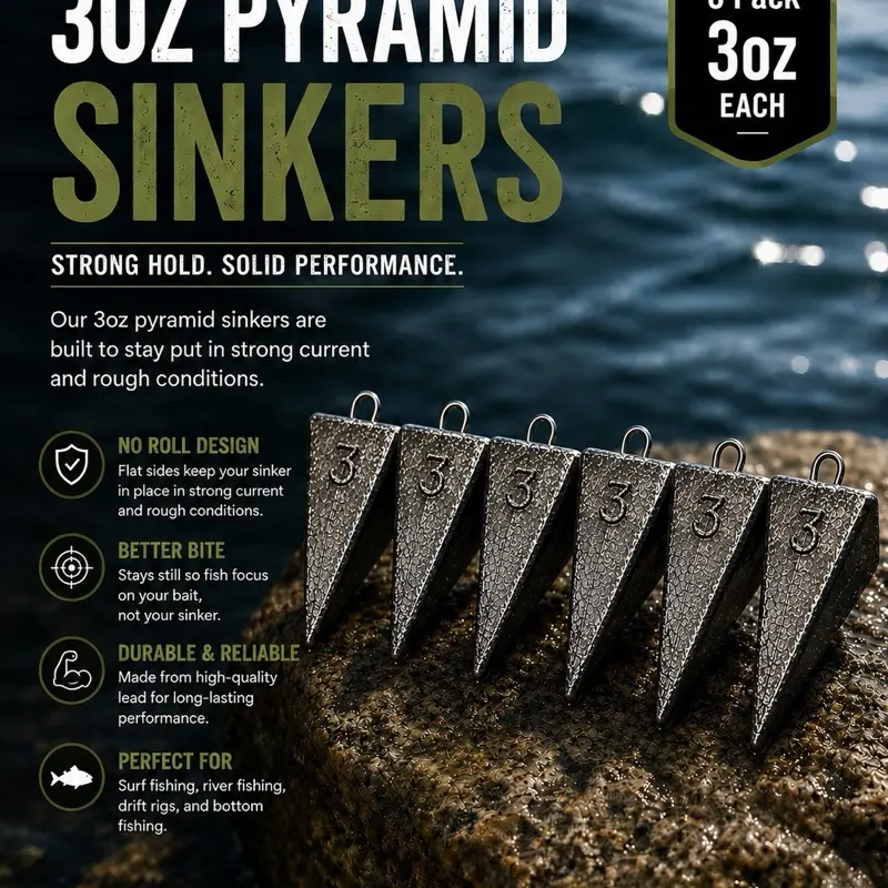 6-Pack 3oz Pyramid Sinkers, Fishing Terminal Tackle Weights for Camping & Outdoor Fishing Activities