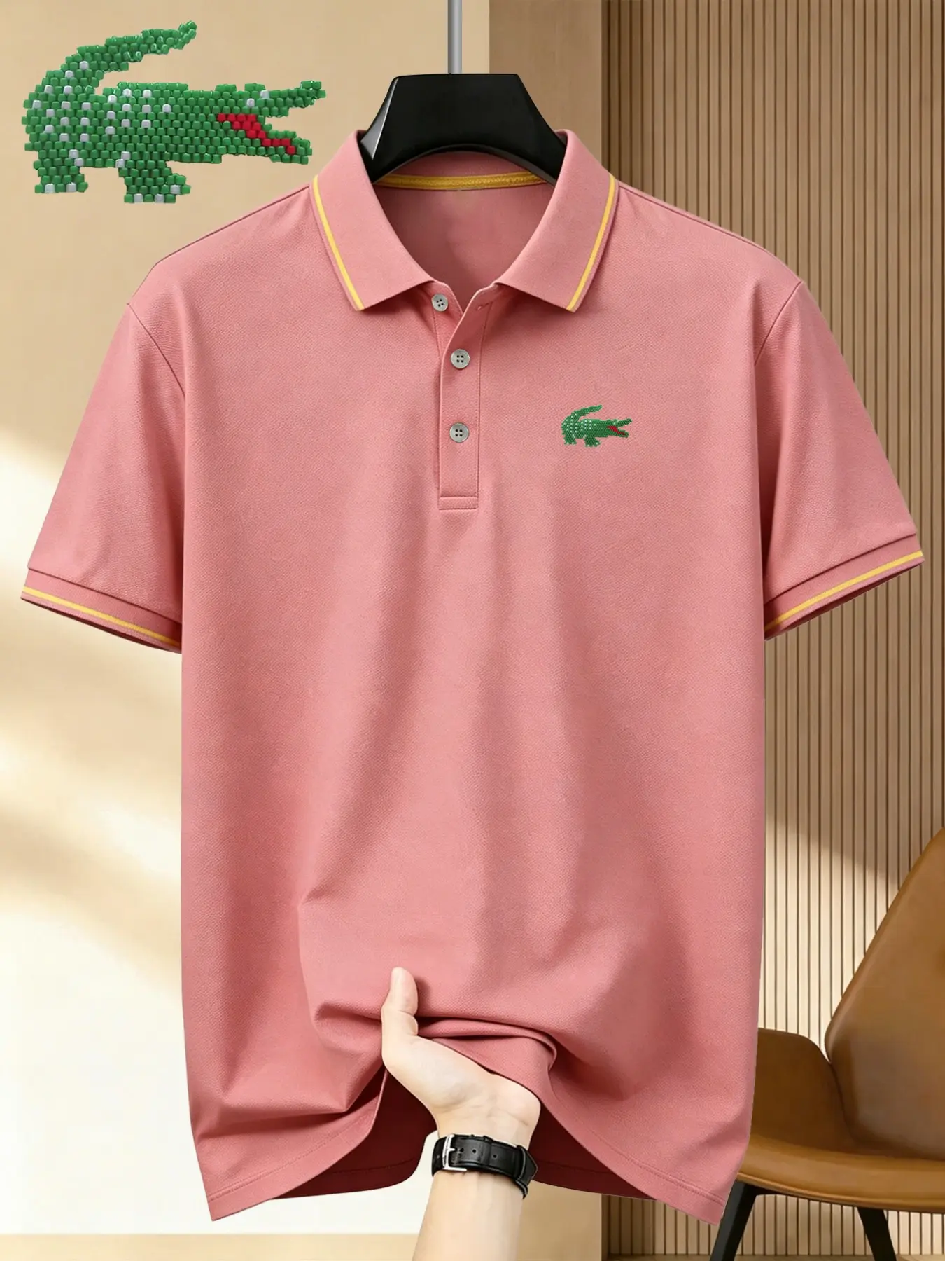 Men's Crocodile Logo Print Polo Shirt, Fitted Casual Geometric Pattern, Breathable Stretch Fabric, All-Season Comfortable Wear, Casual Polo Shirts