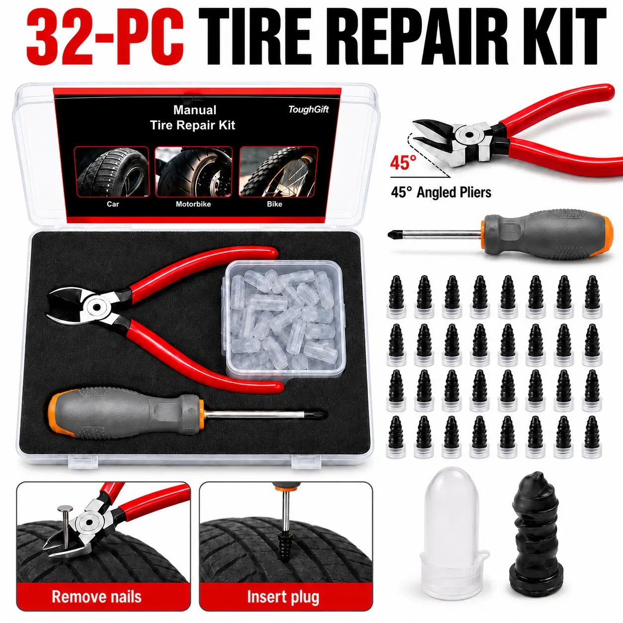 Tire Plugs Kit, 32-Piece Tire Repair Kit with 30 Large Rubber Screw In Tire Plugs and Tire Repair Screws, 45° Angled Nail Removal Pliers & Ergonomic Screwdriver, No Tire Removal Needed for Cars, SUVs, Trucks, Motorcycles & ATVs