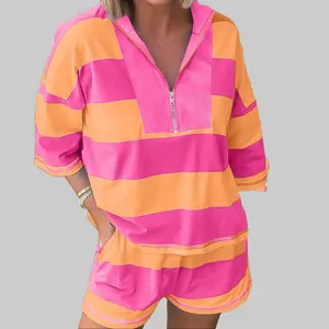 Dear-Lover Women's Chic 2-Piece Striped Matching Set - Sky Blue Half-Zip Drop Shoulder Seam Detail Tee, Casual Elastic Shorts, 95% Polyester 5% Elastane Daily Wear Women's Clothes Set