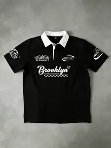 "Brooklyn" Retro Racing Style Polo Shirt - Black, featuring retro Brooklyn cursive font + racing check patterns, breathable fabric, and a loose fit. A must-have for vintage racing enthusiasts. # Brooklyn Racing Polo #Blokecore