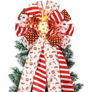 Christmas Tree Topper 12 x 45'' Large Christmas Bows with Glitter Large Gingerbread Man Toppers Decorative Gift Bows for Wreaths Thanksgiving Xmas Tree Ornament