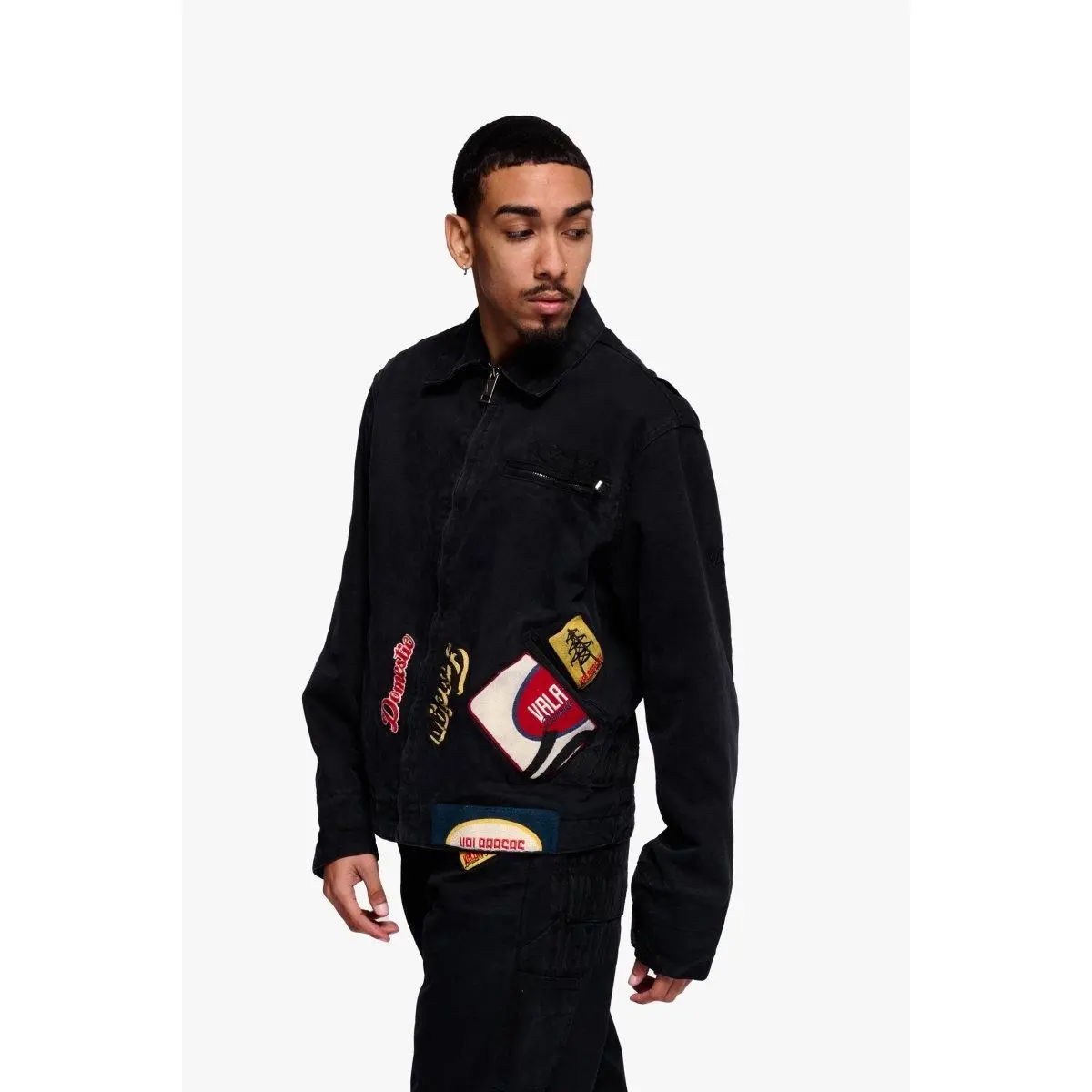 Men's Classic Workwear Jacket, Black Utility Coat with Graphic Patches, Full-Zip Shell Top with Pockets, Tops, Coats, Layer, Graphics