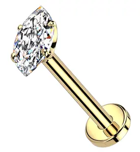 Gold PVD Prong Marquise Clear CZ Threadless Titanium Flat Disk Labret