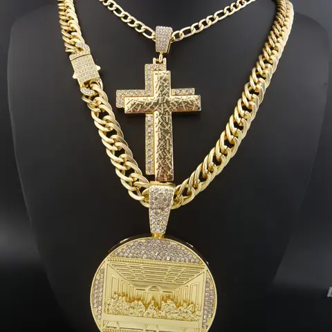 1Pcs Charm Hip Hop Last Supper Pendant Big Jesus Iced Out Cross Chain Design Golden Charm Necklace Fashion for Men Gift for My Men Hip Hop Accessory Iced Out Chains Iced Out Jewelry Cross Necklaces Men Accessories