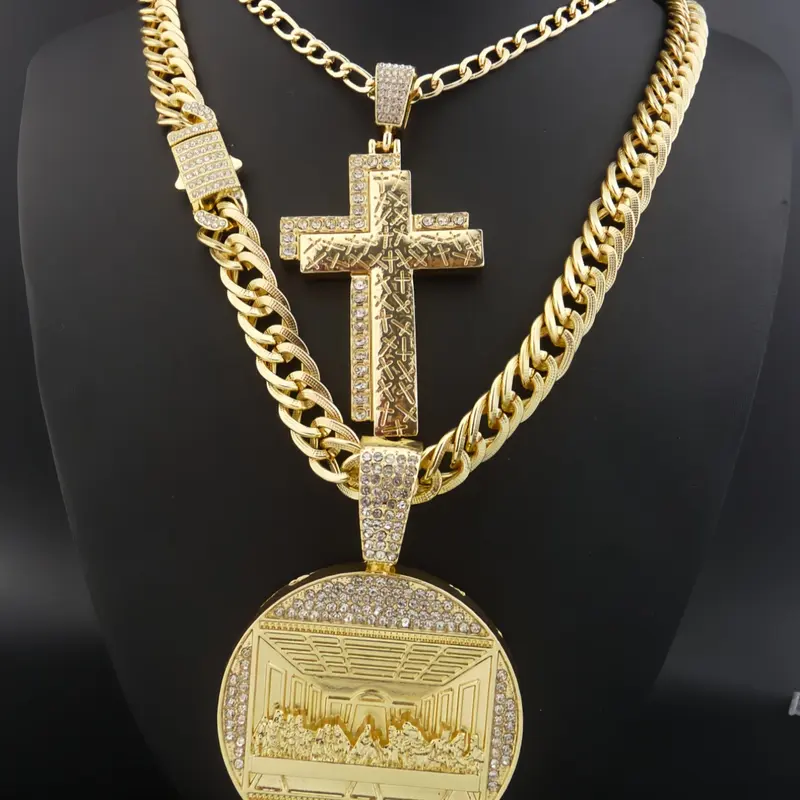 1Pcs Charm Hip Hop Last Supper Pendant Big Jesus Iced Out Cross Chain Design Golden Charm Necklace Fashion for Men Gift for My Men Hip Hop Accessory Iced Out Chains Iced Out Jewelry Cross Necklaces Men Accessories