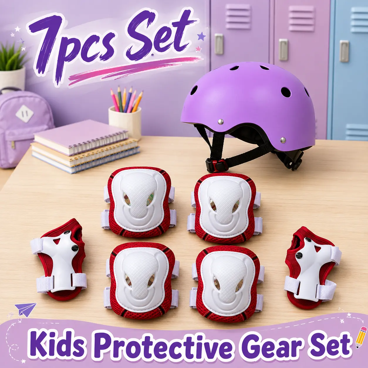7PCS Kids Helmet and Pads Set, Adjustable Protective Gear for Roller Skating, Bike Riding, Scooter and Skateboard, Ages 3-12