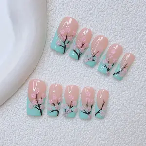 10pcs/set Y2K Nails, Blue French Tip Nails And Hand Drawn Green Tea Flowers Nails Art, Handmade Press On Nails, Handmade Craftsmanship, DlY Nail Art, Square Nails, Short Nails, Perfect for Parties & Casual Attire