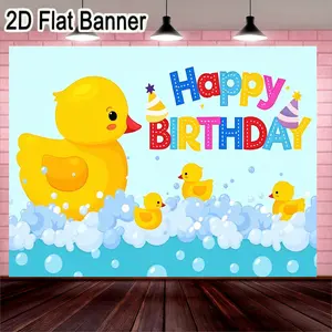 2D flat banner, 1pcLight Blue Rubber Duck Happy Birthday Backdrop, Colorful Bubbles Party Decorations for Birthday Celebration, Whimsical Bath Theme Banner for Festive Events