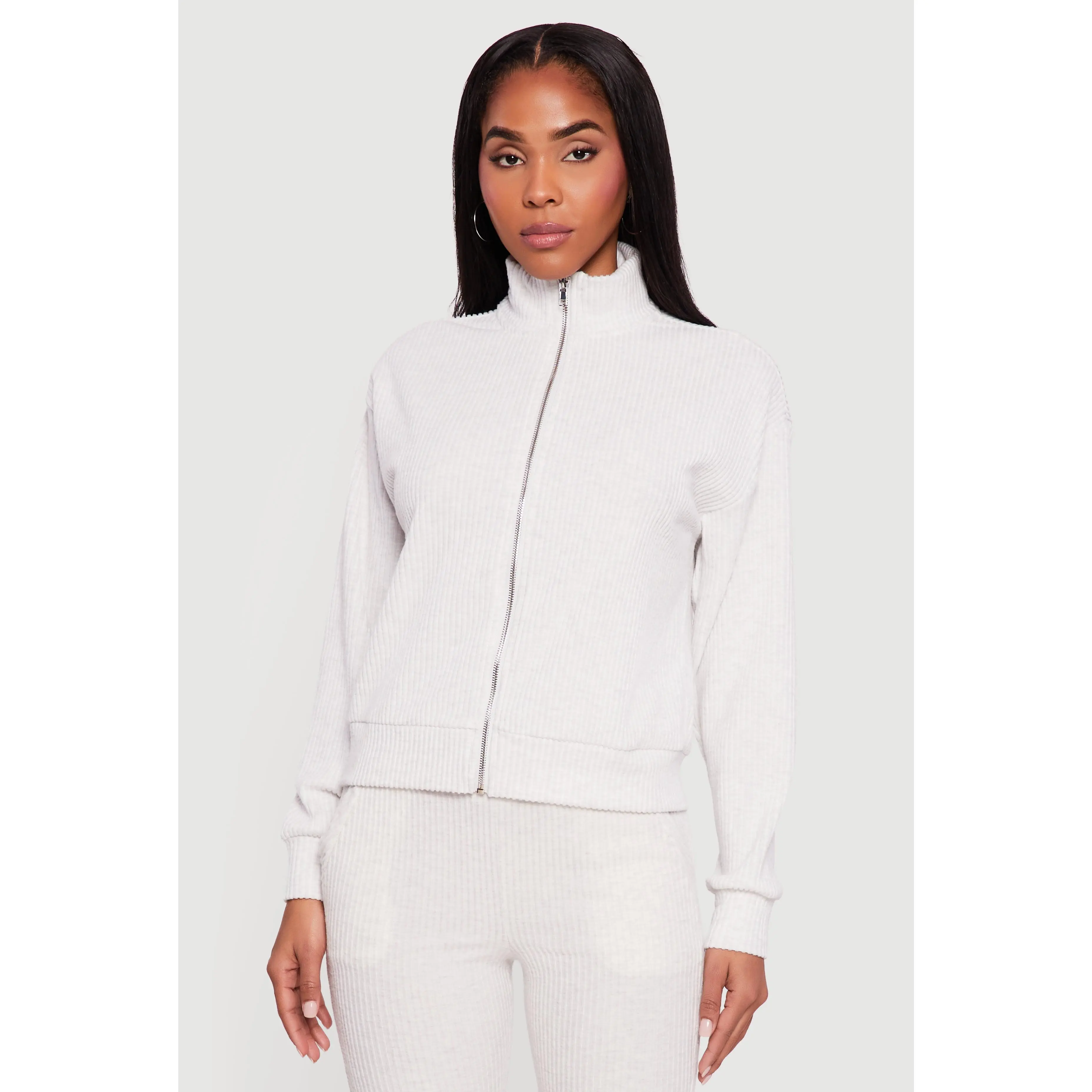 Brushed Rib Knit Zip Front Sweater