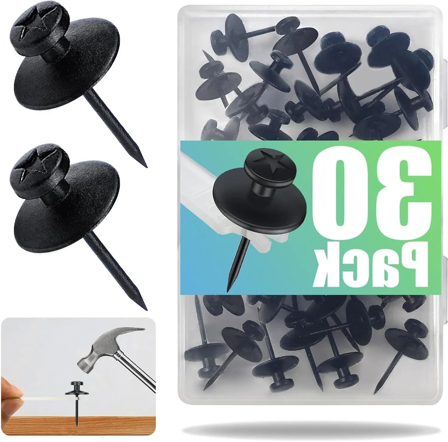 30 Pack Double Headed Push Pins for Hanging Pictures & Tapestry, Mini Wall Hook Design for Small Wall Decor & String Lights – Renter Friendly Thumb Tacks for Dorm, Apartment & Home Office, Black