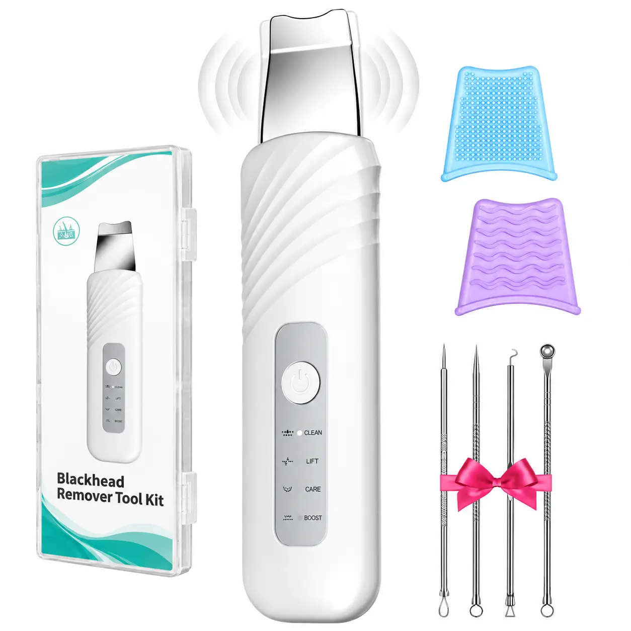 Blackhead Remover Tool Kit with Electric Facial Skin Spatula, 4 Skincare Modes, Silicone Cleansing Brush, 4 Stainless Steel Extraction Tools, Type-C Rechargeable, White