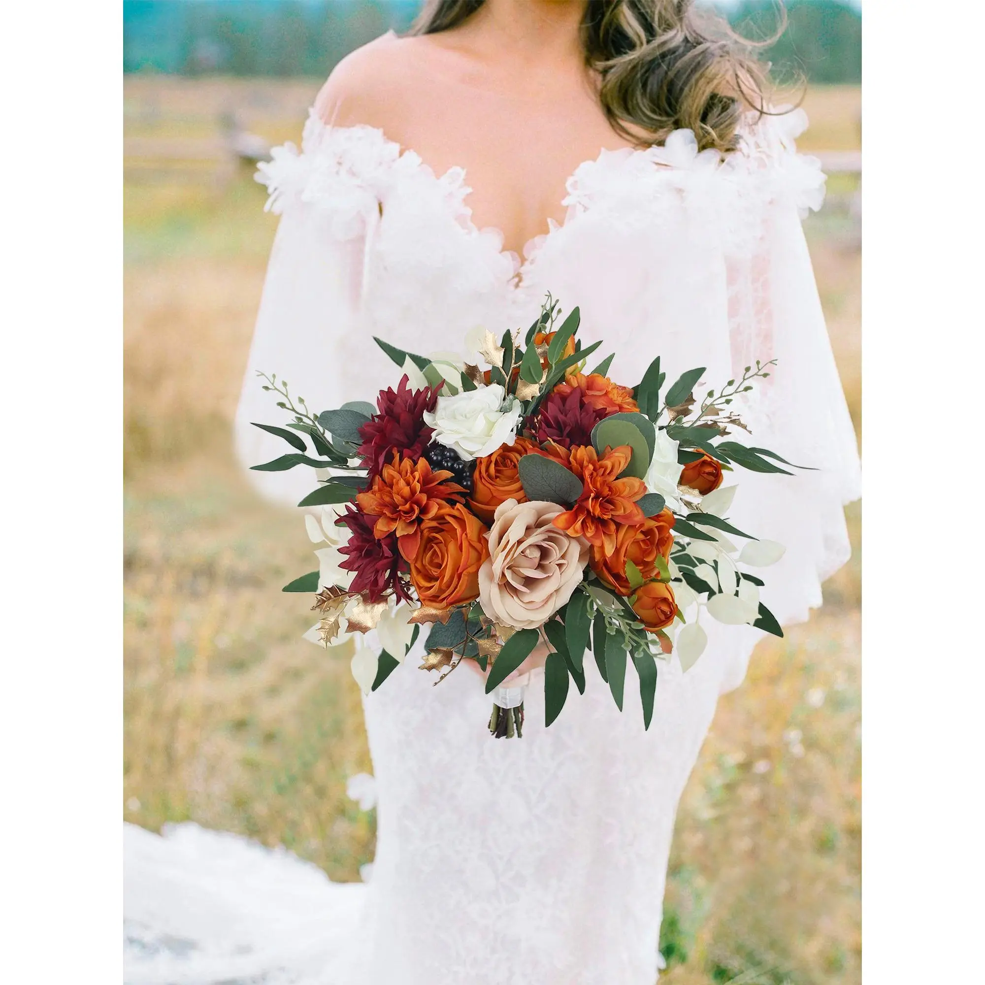 Rinlong 12.5in Wide Elegant Burnt Orange Silk Bridal Bouquet - Warm Hues, Black Accents, Finest Silk Flowers, Everlasting Charm, Wedding Decor Supplies (May Arrive a Bit Deformed)