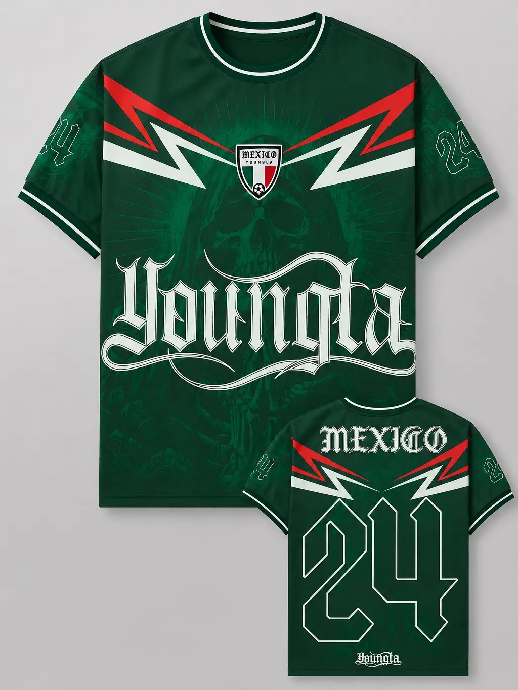 Mexico Soccer Jersey Green Skull Graphic, Number 24 Football Fan Shirt, Vintage Supporter Jersey, Unisex Sports Tee