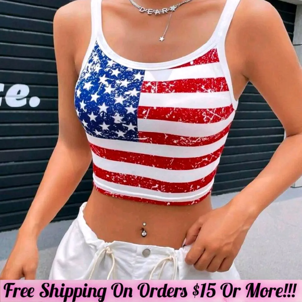 USA Print Crop Top - American Flag Design USA Print Apparel Womenswear Sleeveless Short Love Everyday Clothes Outfit