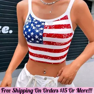 USA Print Crop Top - American Flag Design USA Print Apparel Womenswear Sleeveless Short Love Everyday Clothes Outfit