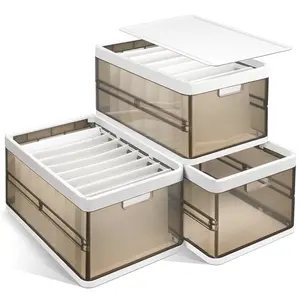 Set of 3 foldable storage boxes with lids, stackable plastic cabinet organizers, with handle dividers and a foldable drawer organizer, suitable for toys and clothing. Collapsible Multifunctional Bins