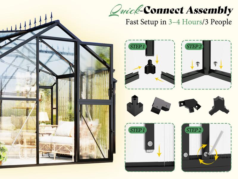 [Ships in 4 Boxes]AMERLIFE Greenhouse for Outdoors, Quick-Lock Assembly, Aluminum Frame with 2 Vents, Doors, and Walk-in Design for Garden or Backyard