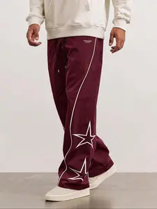 Men's Star Pattern Pocket Drawstring Waist Straight Leg Pants,  Casual Street Letter Patched Contrast Binding Trousers for Daily Wear, Mens Bottoms for All Seasons, National Day Offers, Menswear